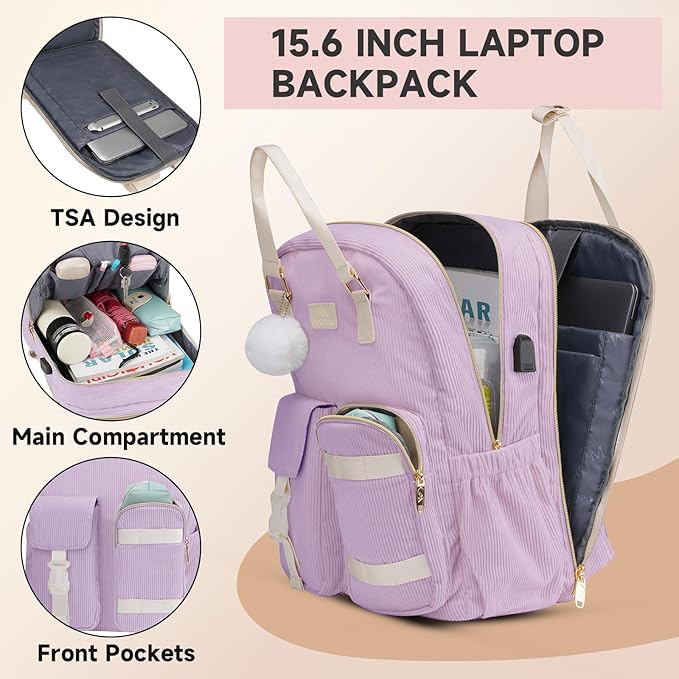 MATEIN Cute School Backpack for Teens Girls, 15.6 Inch Kawaii College Backpack Corduroy Computer Bookbag with USB Charging Port, TSA Lightweight Laptop Back Pack Aesthetic Preppy Kids Students, Purple