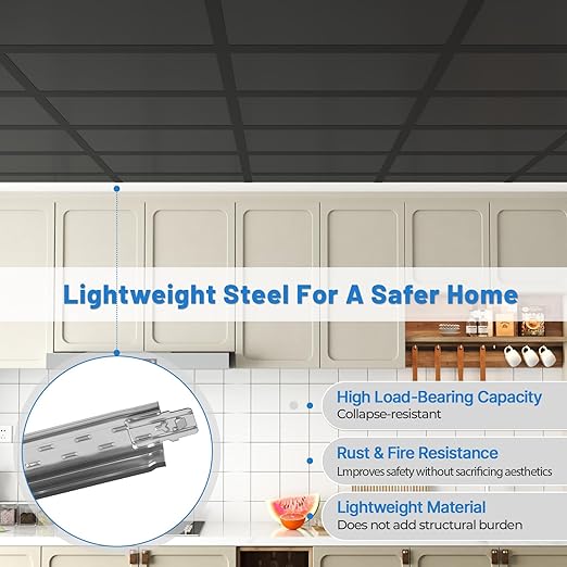 10 PCS 48 Inch Cross Tee Drop Ceiling Grid System, 4 Ft Galvanized Steel Rust & Fire Resistance Easy Installation, Ideal for Basement Living Room Garage Kitchen Bathroom Black