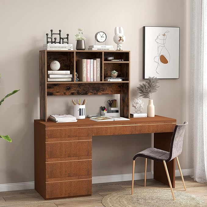 Desk Hutch, Desktop Shelf with 4 Shelves, Desk Bookshelf w/Anti-Toppling Devices, Wood Table Top Bookshelf Organizer, Small Desk Shelf for Study, Office, Dorm (Rustic Brown, 4 Shelves)