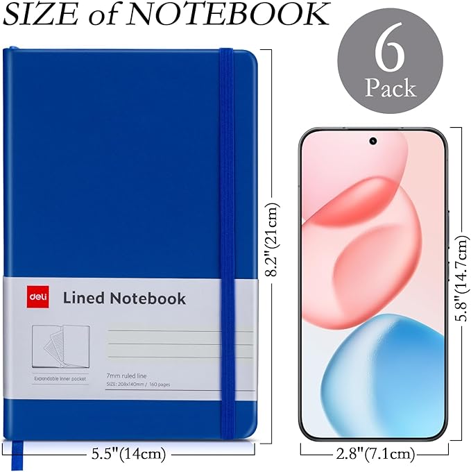 deli 6 Pack Blue Lined Journal Notebook for Work, Moleskine Notebooks, A5 (5.5"x8.3"), 160 Pages Hardcover Journaling Notebooks, Blue College Ruled Notebooks for Notes-taking/Work/Travel