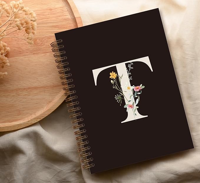 Trendy Personalized Journal Hardcover Spiral Notebook,Black Initial Letter T Notebook,Monogrammed Gifts for Women Teen Girl,College Ruled Hardcover Spiral Notebook 5.5 x 8.3