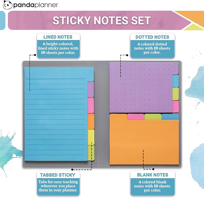 Panda Planner Sticky Notes Set – 140 Assorted Spring Colors with Tabbed, Dotted, Lined & Blank Notes – Colorful Adhesive Tabs for Home, Office & School Organization, Productivity & Planning