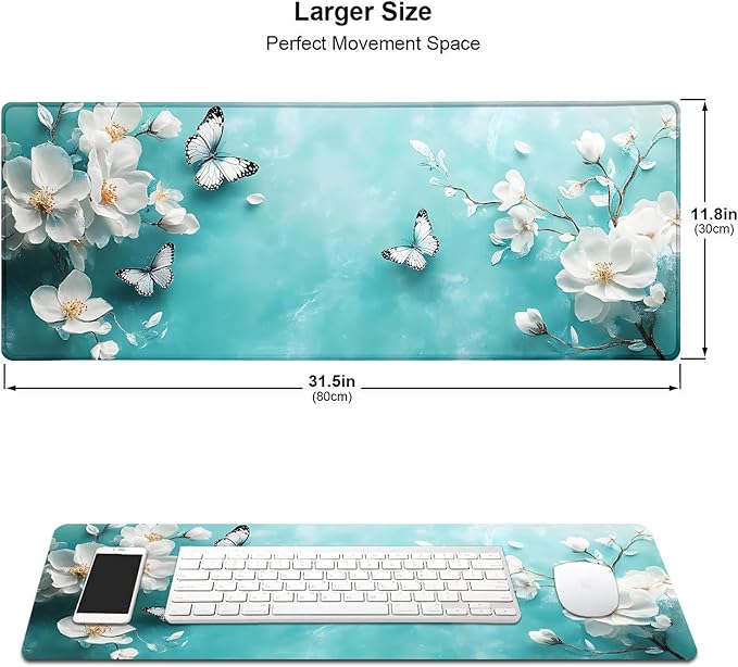 Aqua White Flowers Butterfly Large Mouse Pad, Desk Mat Computer Keyboard Pad Non-Slip Rubber Base Waterproof with Stitched Edges for Laptop Gaming, Office & Home 31.5 x 11.8 Inch (XL-22)