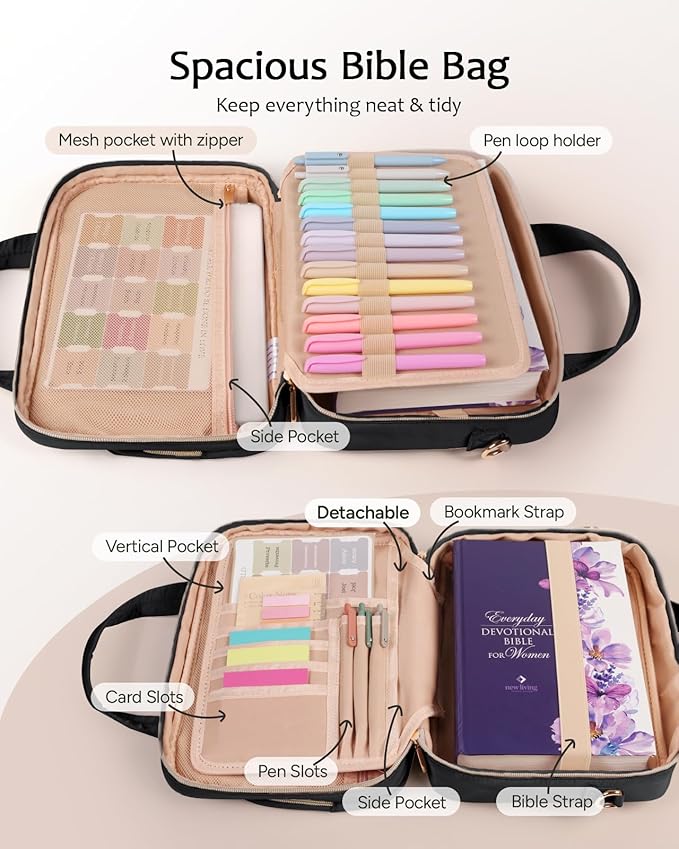Bible Cover Case for Women, Large Bible Bag with Study Supplies, Bible Journaling Kit with Highlighters and Pens No Bleed, Christian Gift for Women (Shoulder Strap, Black)