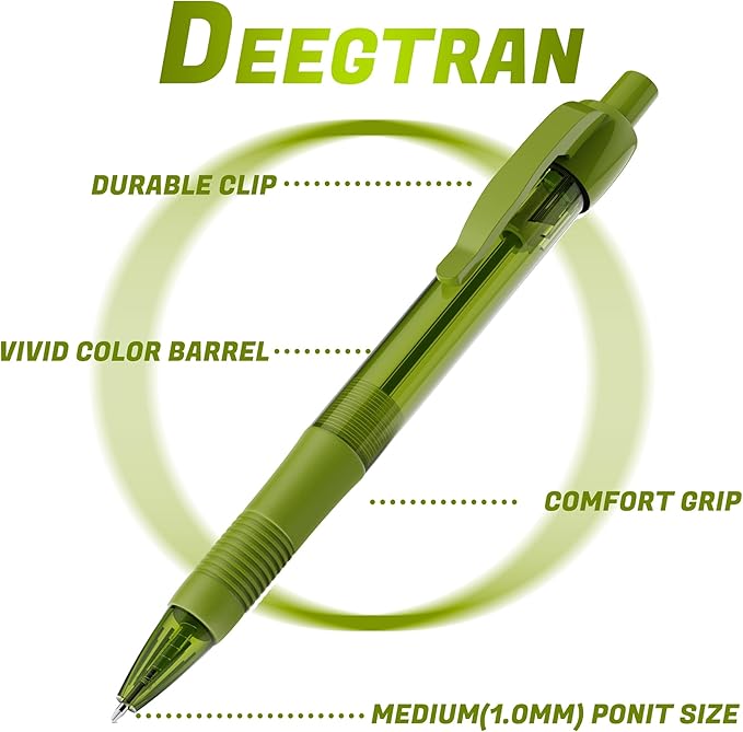 deegtran Pens Bulk, 30 Pack No Bleed Sage Green Ink Click Pens with Soft Grip, Wholesale Retractable Ballpoint Pens for Office School, Medium Point Smooth 1.0MM