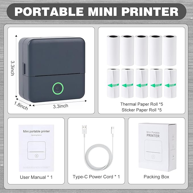 cudinham Print Pods Mini Printer, Sticker Printer with 10 Rolls Thermal Printing Paper, Inkless Pocket Printpod for Phone, Impresora Portátil for Notes, DIY, Compatible with iOS & Android (Grey)