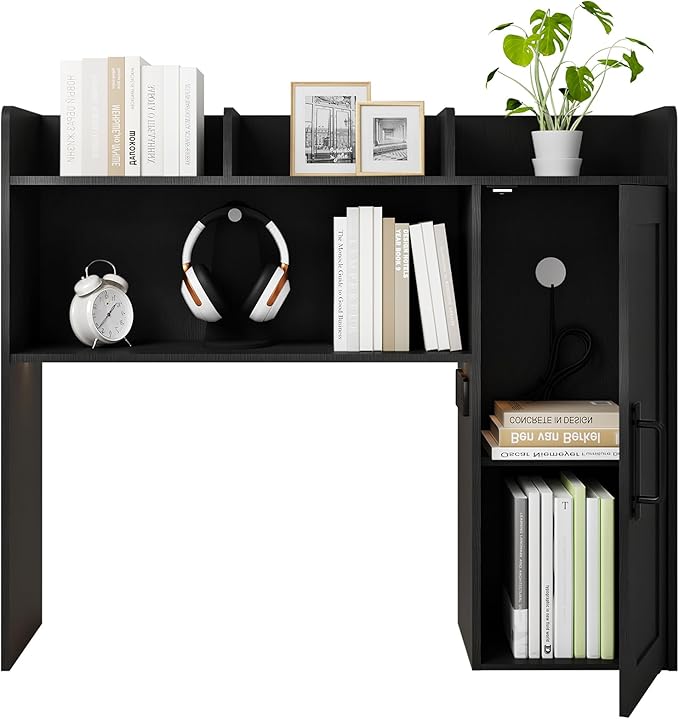 Desktop Bookshelf, Wooden Desk Hutch with LED Lights, Desktop Shelf with 6 Shelves and Power Outlets, Office Desk Organizer, Over Desk Storage Shelves for Dorm, Home, Black