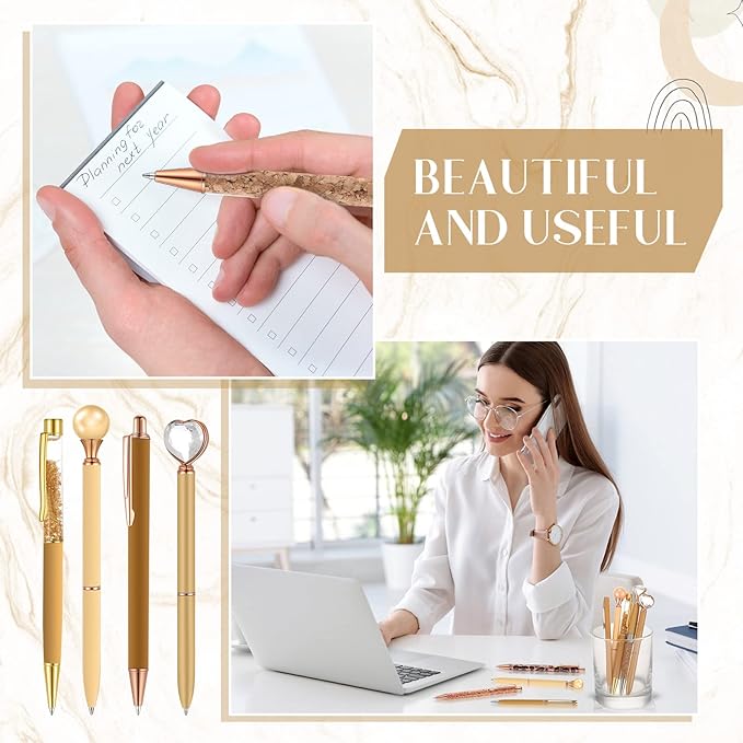 Janmini 9 Pcs Ballpoint Pens Set Metal Crystal Diamond Glitter Pens for Journaling Black Ink Pretty Cute Things Fancy Stationery Gifts for Women Girls Birthday Home Office Desk(Brown)