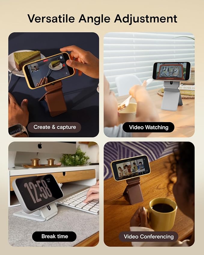 MOFT Phone Stand, Magnetic Phone Tripod Stand Stain-Resistant MOVAS Leather & Angle Adjustment & Strong Magnets Tripod for iPhone 17/16/15/14/13/12 (Included Metal Ring)-Misty Cove