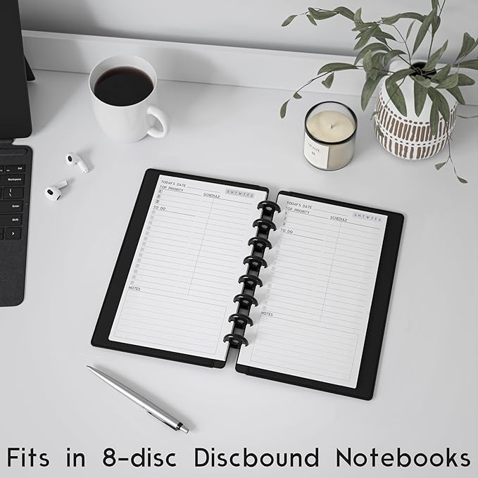 Discbound Undated Daily Plan Paper Refill, 120 GSM, 100 Sheets (200 Pages/Days), 8 Disc Pre-Punched Inserts, Loose Leaf, White, 5.5 inch x 8.5 Inch, Daily To-Do, Notes, and Scheduling