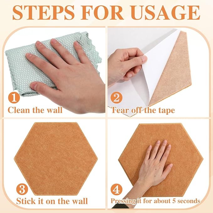 8 Pcs 12" Large Hexagon Felt Cork Board Tiles Self Adhesive DIY Bulletin Board Pin for Office Home Wall Decor Stickers Memos Photos Display with 10 Multi-Color Clip Drawing Pins(Yellow)