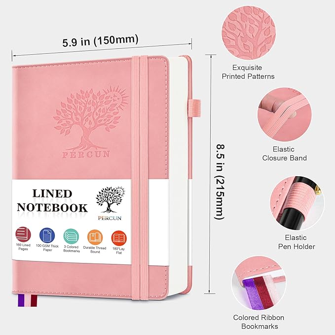 Lined Journal Notebook for Men & Women, 160 Pages College Ruled Journal for Writing, A5 Hardcover Leather Notebooks for Work, School, Business, Travel, Daily Diary 5.9" x 8.5" (Pink)