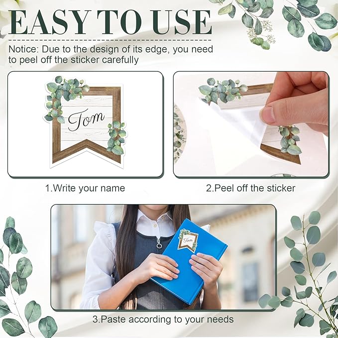 Sabary 90 Pcs Cutout Name Tags Water Bottle Labels Daycare Labels Self Adhesive Name Stickers Gift Tags for Classroom Home Desk Bulletin Board Decoration Party Favor 10 Sheets (Eucalyptus)