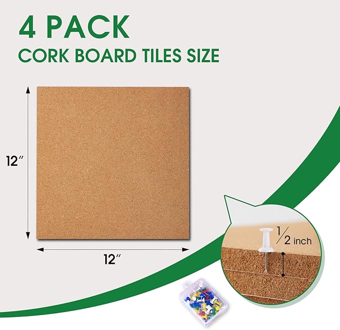 4 Pack Cork Bulletin Board 12 x 12 Inch - 1/2" Thick Cork Board Tiles,Self-Adhesive Frameless Cork Tiles Wall Decor with 50 PCS Pushpins for DIY, Office, School and Home Decor