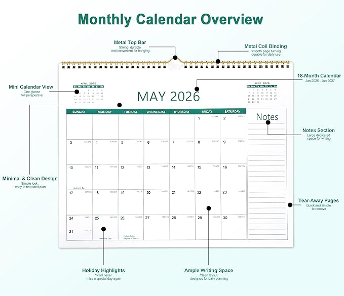 Desk Calendar 2026-2027, 18 Months Calendar from Jan. 2026 to Jun. 2027, 14.5" x 11.5" Desktop/Wall Monthly Calendar with Large Squares, Notes Section for Home, School, Office