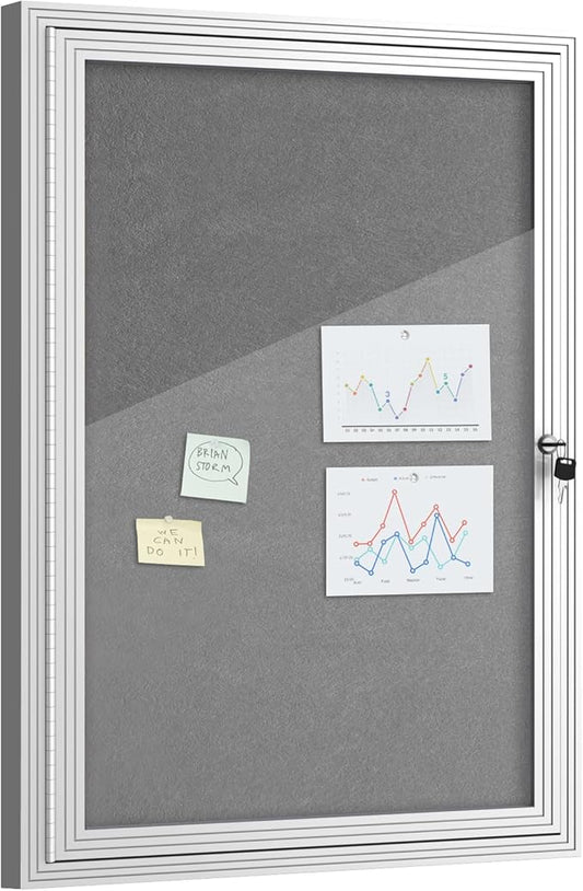 Mifuro 36"x24" Enclosed Bulletin Board, Outdoor Lockable Weather-Resistant Aluminum Cork Noticeboard for School & Office, Silver Frame w/Grey Flet