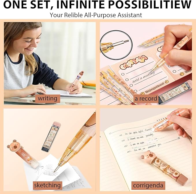 Cute Capybara School Supplies Stationery Set Kawaii Stationery Birthday Christmas Gifts Includes Eraser Mechanical Pencils Erasers Correction Tape Pencil Holder Gel Pens,for Office School Supplies