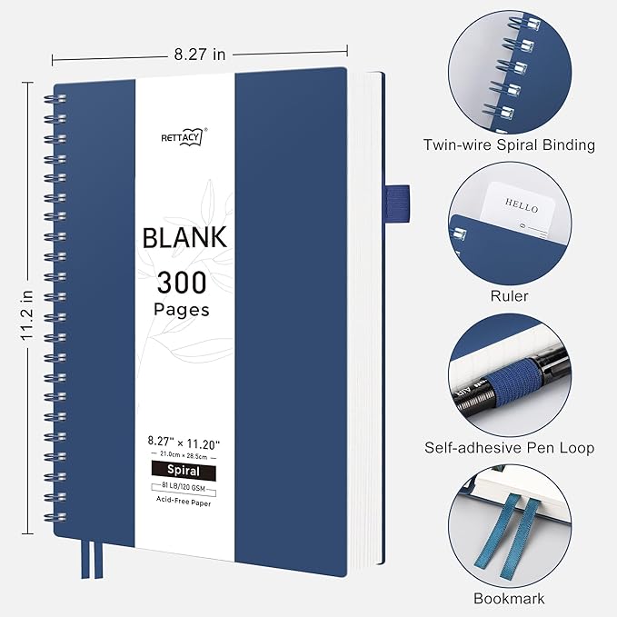 RETTACY Blank Journal Notebook, 300 Pages, A4 Large Size (8.2'' x 11.2''), 120 GSM Thick Paper, Flexible Plastic Cover, Spiral-bound, for Sketching, Drawing, Painting (Navy Blue)