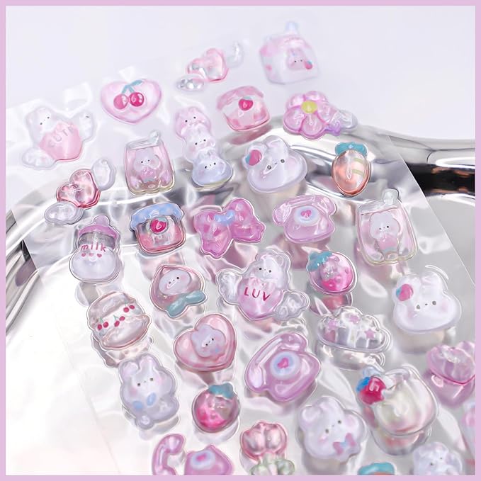 3D Cute Cartoon Pink Rabbit Puff Stickers - Kawaii Mini Puffy Reusable Stickers for Scrapbooks, Planner, Journals, Laptops, Phone Case Decoration