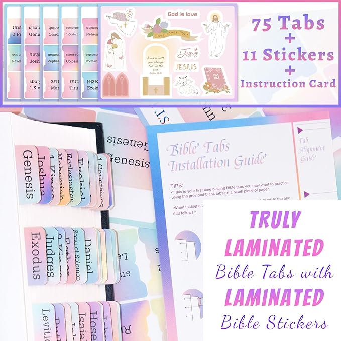 Bible Tabs with Unique Stickers, Bible Tabs for Women, Laminated Bible Tabs, Christian Gifts, Large Print Bible Tabs for Easy Navigation, Bible Book Index Tabs Labels, Bible Study Supplies (Rainbow)