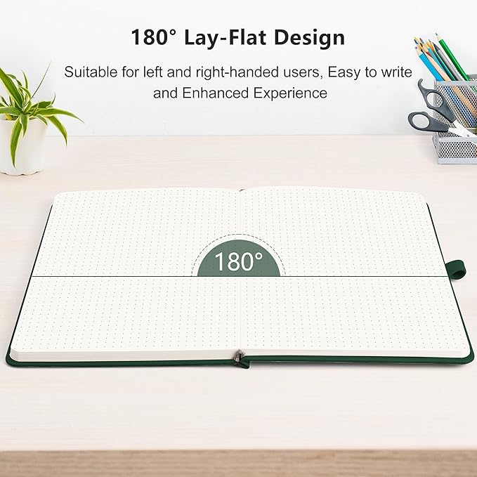 RETTACY Dotted Journal Notebook, 192 Pages, A5 Medium Size (5.7'' x 8.3''), Leather Hardcover, 100 GSM Thick Paper, for Bullet Journaling, Planning, Tracking (Dark Green)