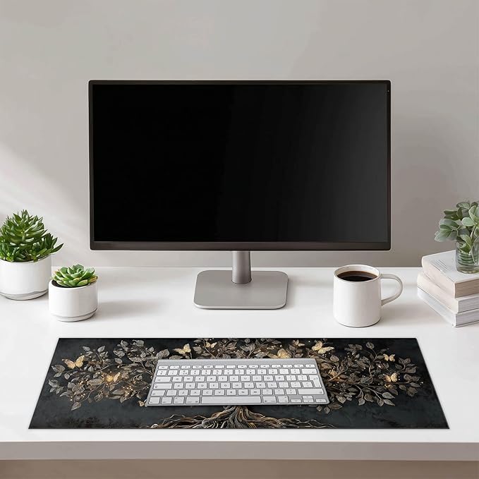 Large Mouse Pad Gaming Mousepad 31.5 x 11.8 Inch Keyboard Desktop Mat Diatomite XL Mouse Pad for Home and Office Desk Accessories with Golden Tree Butterfly Glow Artwork Diatomite