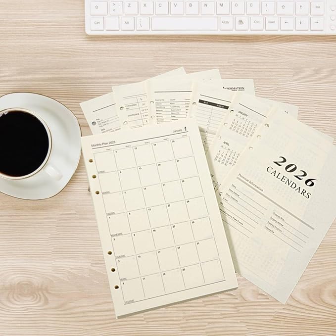 2026 A5 Weekly & Monthly Planner Binder Refill, 5.8"x8.3" 176 Page Planner Refills for A5 Binder, 6-Hole Punched, Daily Planner with Calendar, Contact Pages and Notes (Beige-2026)