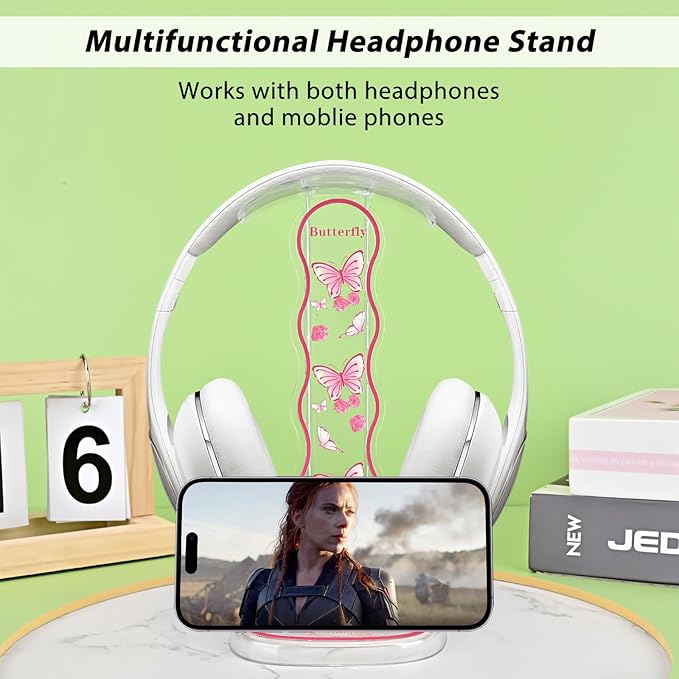 CamyCosy Headphone Stand Gaming Headset Holder for Desk,Pink Butterfly Pattern Clear Cellphone Stand Earphone Stand Desk Accessories for All Headphones Size