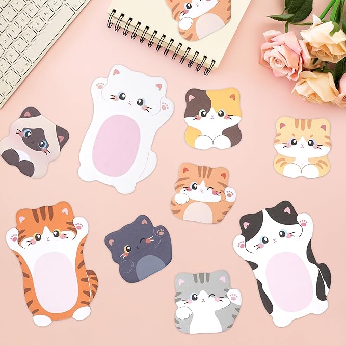 Cute Kitten Cat Shaped Sticky Notes Set - 6 Kawaii Animal Memo Note Pads with Cartoon Cats Design - 360 Sheets Themed Stationery Notepad for School, Office Supplies, Gifts for Cat Lovers
