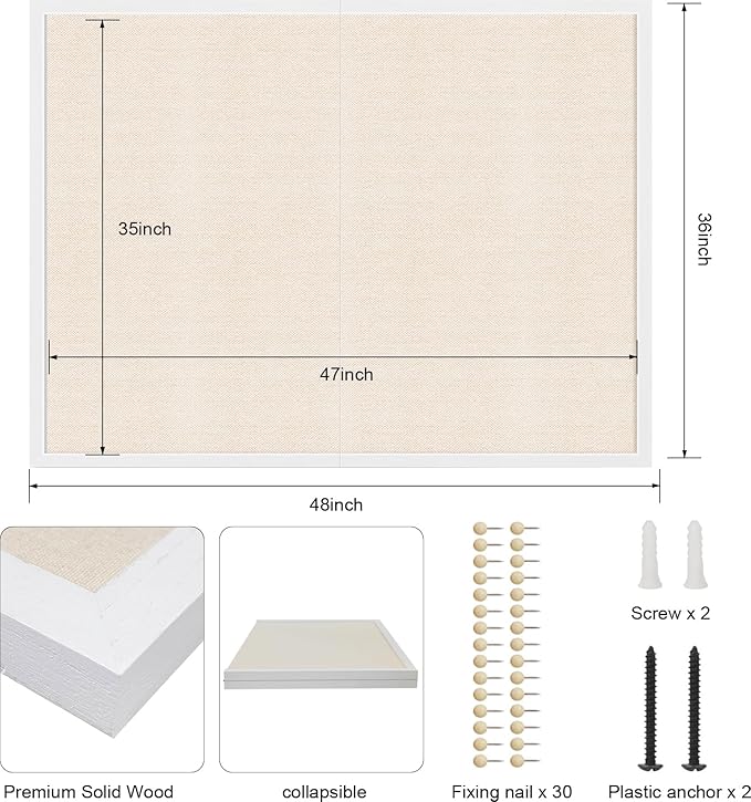 Miratino Large Bulletin Board 48x36 inch with Linen Cork Boards Wall Decor Hanging Pin Wood Framed Display Bulletin Cork Photo Picture Board Light for Room School Office 30-Pushpin White