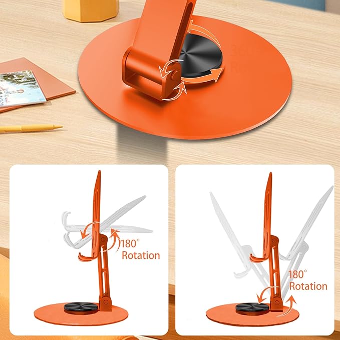 Universal Metal Cell Phone Stand, Multi-Angel Adjustable 360° Rotation Non-Slip Metal Phone Stand Compatible with iPhone 17 16 Pro Max and All Smartphones (Orange)