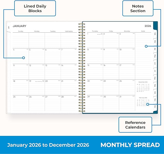 Blue Sky 2026 Weekly and Monthly Planner Calendar, January 2026 - December 2026, 8.5" x 11", Flexible Cover, Laminated Tabs, Durable Twin Wire Binding, Storage Pocket, Bakah Blue