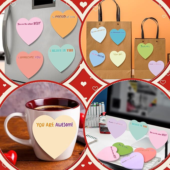 Teling 24 Pack Valentine's Day Sticky Notes Heart Shape Sticky Notes 3 x 3 Inch Appreciation Notepads Bulk Cute Memo Pads for Galentines Party Gifts School Office Supplies (Pastel)