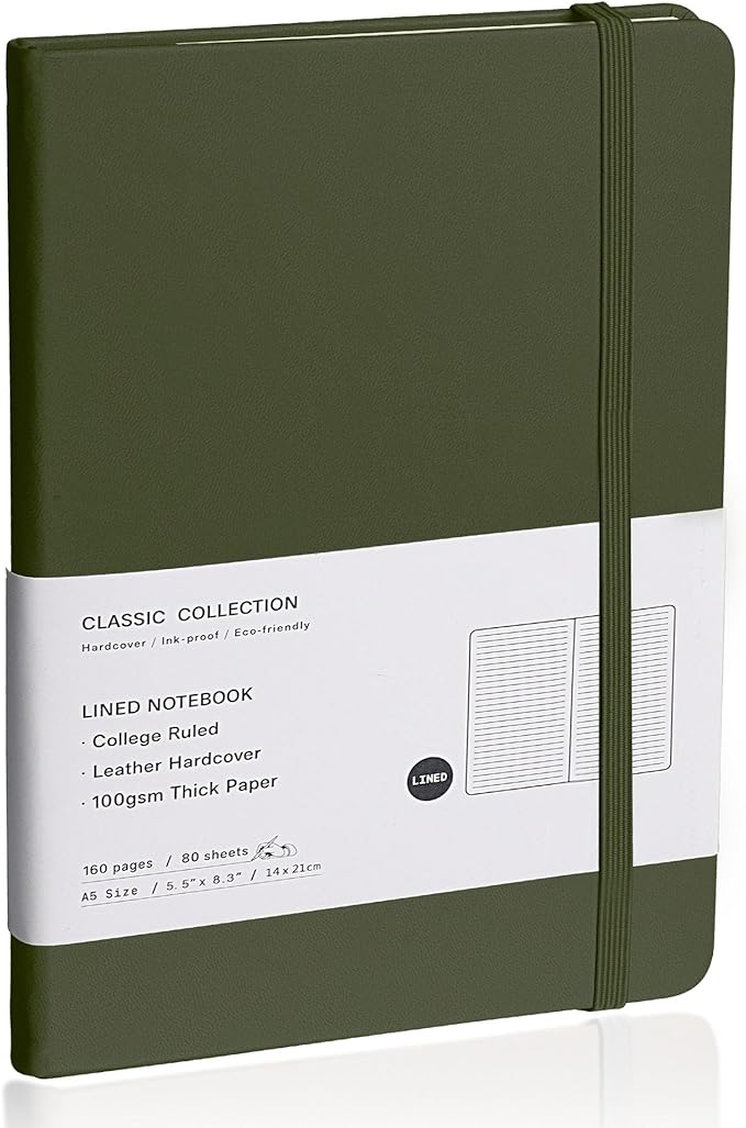 Lined Journal Notebook – Hardcover Notebook for Men & Women – Journals for Writing, Work, School, Home & Daily Notes, 160 Pages – Medium A5, 5.7"x8", 100 gsm Thick Paper (Olive Green)
