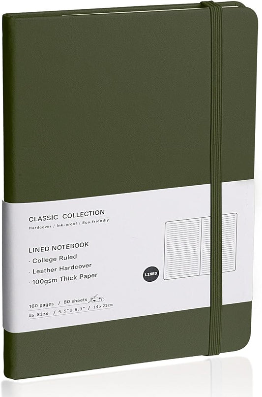 Lined Journal Notebook – Hardcover Notebook for Men & Women – Journals for Writing, Work, School, Home & Daily Notes, 160 Pages – Medium A5, 5.7"x8", 100 gsm Thick Paper (Olive Green)