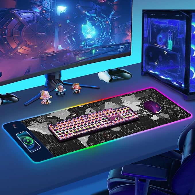 ToLuLu Wireless Charging RGB Gaming Mouse Pad, 15W LED Mouse Mat with 30W Charger, 14 Light Modes Large Mousepad with Wrist Support, Non-Slip Rubber Base Desk Mat Computer PC Keyboard Pad World Map