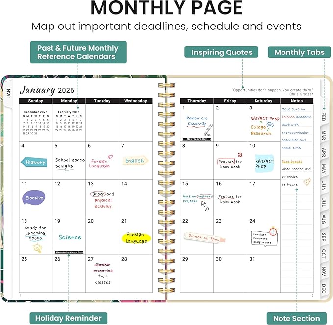 2026 Planner, Aesthetic Weekly and Monthly Planner for Women, Jan 2026 to Dec 2026, Hardcover 2026 Calendar Book with Monthly Tabs, Inner Pocket, Perfect for Office Home School - A5 (6.3" x 8.5"), Monstera