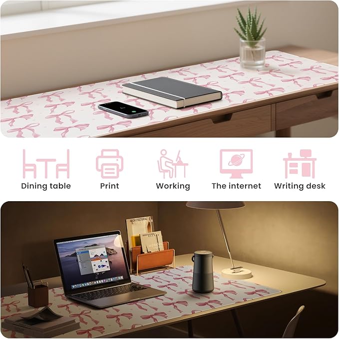 Pink and White Mouse Pad, Desk Mat Pink Bow Keyboard Mat Bows Office Accessories Computer Mat, Non-Slip Rubber Base Extra Large Mousepad Laptop Pad, Desktop Pad Cute Decor for Girls 35.4 x 15.7in
