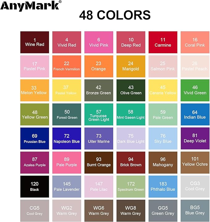 AnyMark Alcohol Markers, 48 Colors Dual Tip Art Coloring Markers Set for Adult Book Drawing Sketching Painting, Chisel & Fine, White Penholder