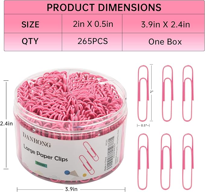 Pink Jumbo Paper Clips, 265pcs 2 Inch Paperclips,Large Pape Clips for Paperwork Ideal for Home, School and Office Use (2 in, Pink)