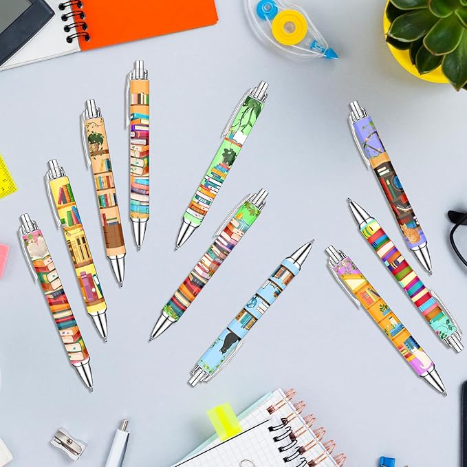 Idealmuzik Bookshelf Theme Ballpoint Pens, 10 Pack – Colorful Book & Library Design Pens with Reading and Study Icons, Smooth Writing Pens for Students, Teachers, Readers & Office Use