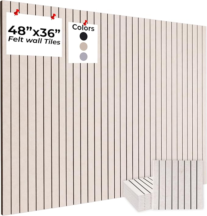 Felt Bulletin Board Tiles – 12x12 Inch Cork Wall Panels, Pack of 12, Covers 36x48 Inches, 50 Adhesive Tabs and Bubble Level, Polyester Material – Desert Ivory