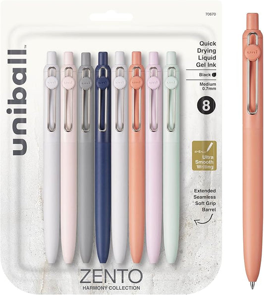 Uniball Zento Gel Ink Rollerball Pens, 8 Black Medium Point Smooth Writing Pens, Colored Japanese Pens, Harmony Colors