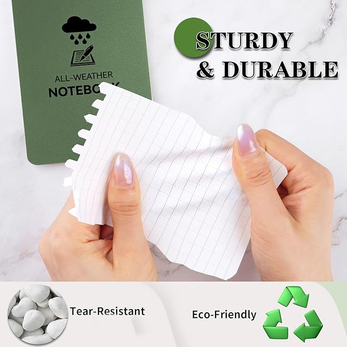 Waterproof Notebook, 4 Pack Top-Spiral Pocket Notepad, 3" x 5" Weatherproof NotePad, Police Pocket Notebook Memo Steno Note Pads for Outdoor Office School Recording, Army Green