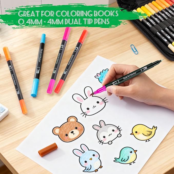 Dual Tip Markers for Adult Coloring Books No Bleeding – Gel Acrylic Paint (Fine & Brush) Pen for Sketching, Drawing, Rock Painting, Journaling, Non Bleed Art Marker Set for Kids/Teens. 12 Colors