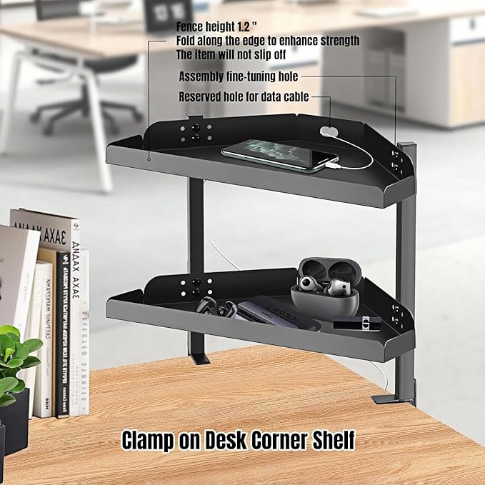 CanKing Clamp Desk Corner Shelf 2 Layer Clip On or Under Table Corner Organizer, Black, 16 inch
