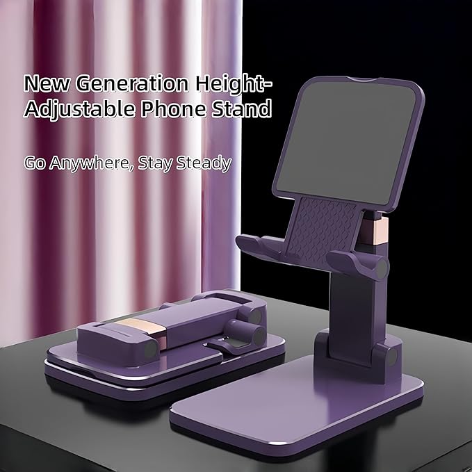 Foldable & Height Adjustable Phone Stand for Desk, Super Stable Cell Phone Holder, Universal for iPhone/iPad/Tablets, Portable Pocket-Sized Stand for Home Office Kitchen - Purple