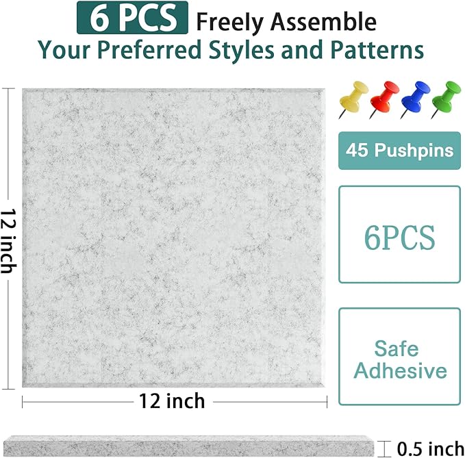 Felt Cork Board for Wall: Extra Large Bulletin Board for Office - 0.5 Inch Thick Corkboard Tiles 6 PCS Grey Pin Board Squares Adhesive