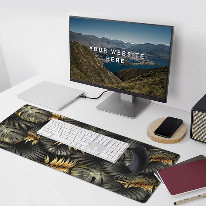 Gaming Mouse Pad,Large Mouse Pads for Desk,Non-Slip Rubber Base Extended Mousepad,XXL Keyboard Mouse Mat,Stitched Edges Computer Keyboard Desk Pad,35.4x15.8inch,Black Gold Tropical Leaves
