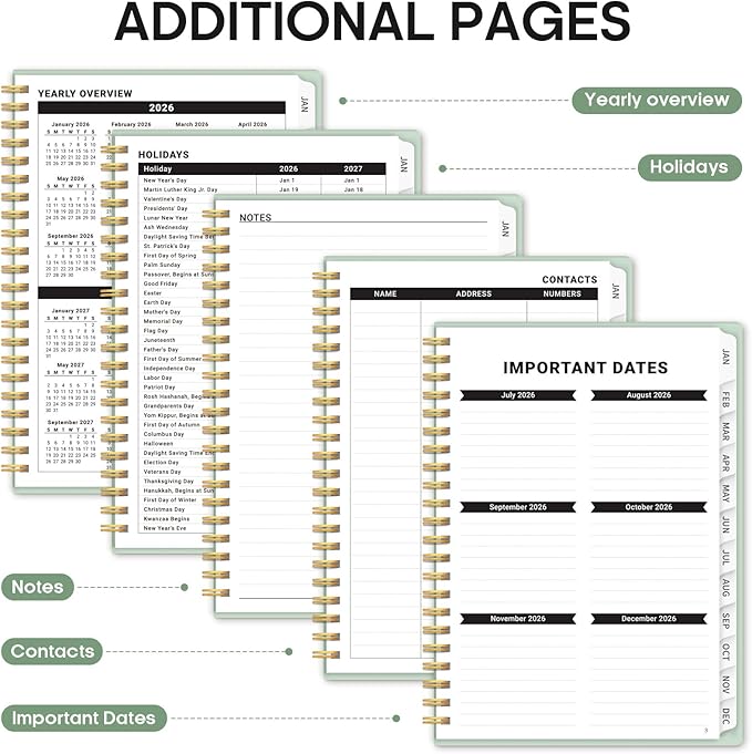 2026 Planner, Weekly and Monthly Calender Planner, Jan 2026 to Dec 2026, Hardcover 2026 Calendar Book with Tabs & Inner Pocket, Office Home School Supplies for Women & Men - A5 (6.3" x 8.5"), Mint